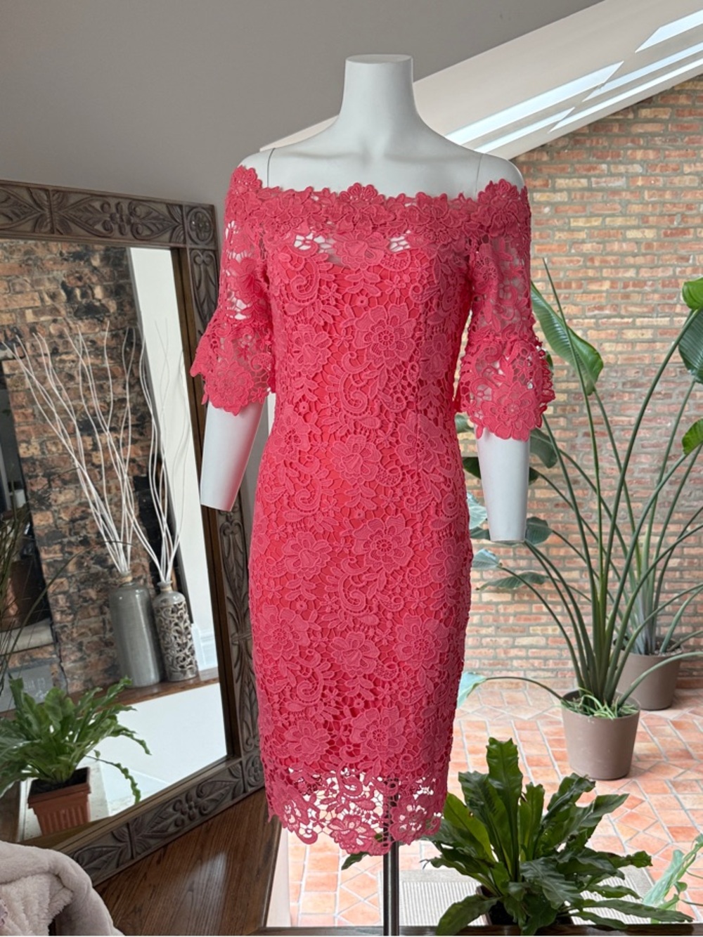 Paper Dolls London Off-the-Shoulder Coral Lace Midi Dress